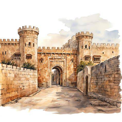 Ilustración de murallas y puertas de ciudad antigua