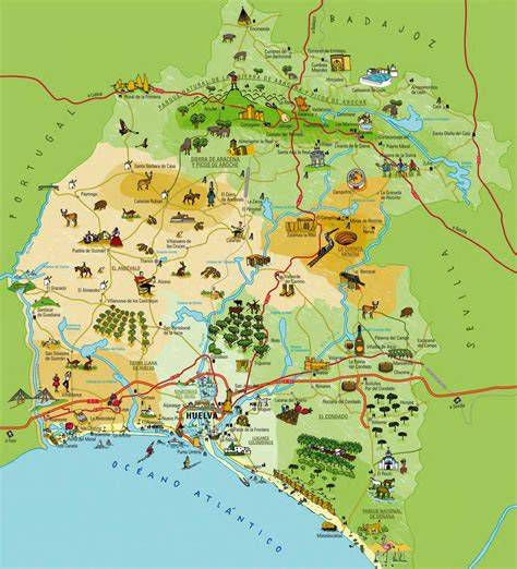Mapa de las parroquias en la provincia de Huelva destacando la ubicación de San Isidro Labrador en Rosal de la Frontera