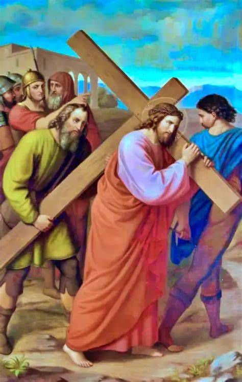 Estación del Vía Crucis con Jesús y Simón de Cirene