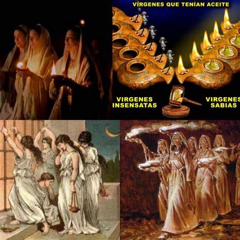 Ilustración de diez vírgenes con sus lámparas encendidas y apagadas