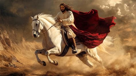Jesús montado en caballo blanco con vestidura roja y título Rey de reyes