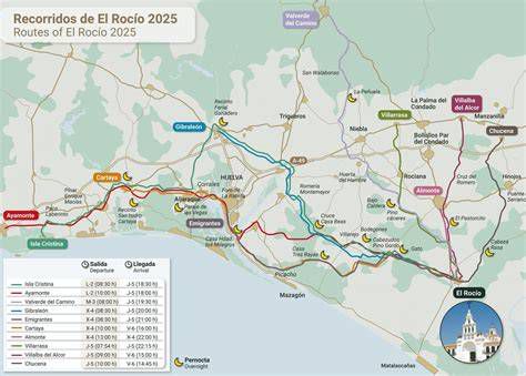 Mapa de los principales caminos del Rocío: Moguer, Sevilla, Cádiz y Condado