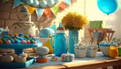 Mesa dulce colorida y alegre con globos y dulces variados