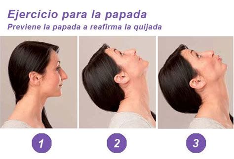 Infografía con 6 ejercicios para eliminar la papada (beso al techo, platisma, vocalizaciones, rotaciones, sonrisa exagerada, lengua)
