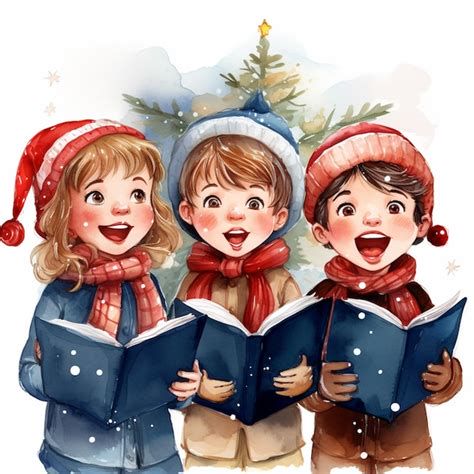Niños cantando villancicos frente al árbol de Navidad