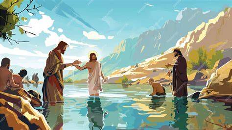 ilustración Juan el Bautista y Jesús en el río Jordán