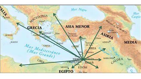 Mapa de expansión de la Iglesia primitiva y rutas apostólicas