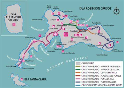 Mapa del archipiélago Juan Fernández con localización de isla Robinson Crusoe y San Juan Bautista