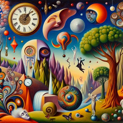 Cuadro onírico que simboliza renacimiento (mundo surrealista con frutas levitando)