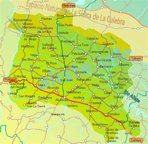 Mapa de la comarca de Aliste mostrando Nuez de Aliste, ríos Esla y Manzanas y castros principales