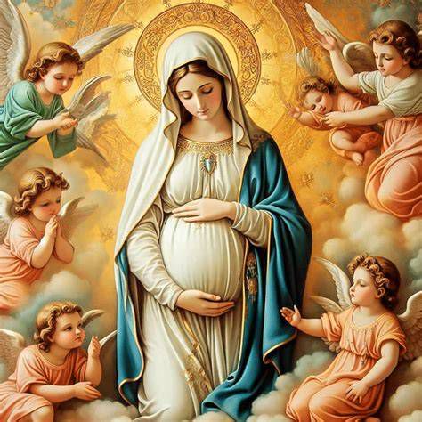 Imagen de la Virgen de la Dulce Espera: María tocándose el vientre con ternura