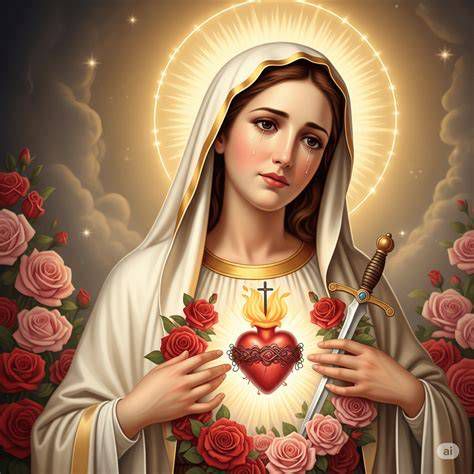 Representación iconográfica del Corazón Inmaculado de María con llamas y espada