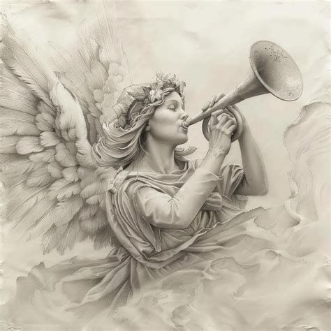 Ilustración: Ángel tocando trompeta anunciando resurrección