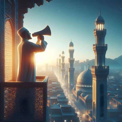 muecín en minarete anunciando el adhan de Fajr antes del amanecer