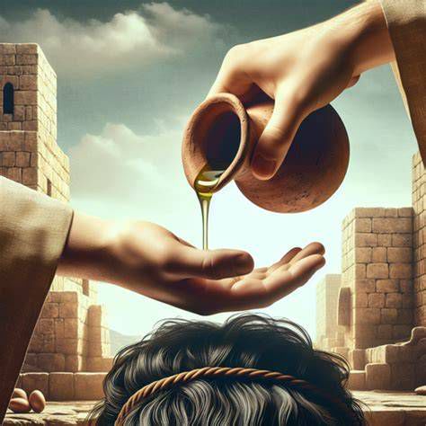 Representación artística de la unción bíblica con aceite en tiempos antiguos