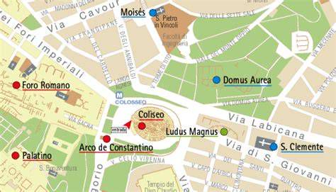 Mapa del Coliseo y lugares principales de ritos religiosos en Roma