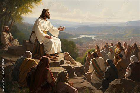 Jesus teaching the Beatitudes on the Mount, illustration of the sermon setting
