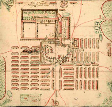 plano típico de misiones jesuíticas con su plaza central y edificios destacados