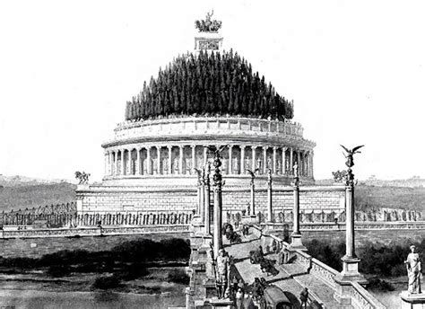 Ilustración del Mausoleo de Adriano con su estructura original y la cuadriga superior