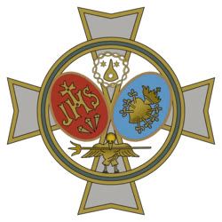 escudo hermandad de las penas - representación con Cruz de Letrán, JHS y corazón doloroso