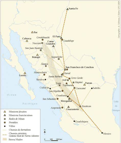 Mapa de misiones jesuitas en el noroeste de la Nueva España