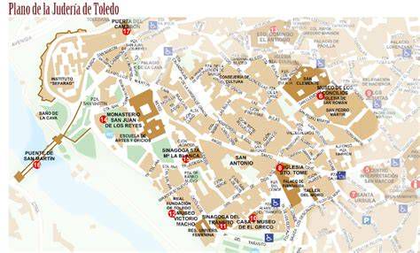 Mapa del Toledo medieval destacando la judería, puertas, sinagogas y adarves