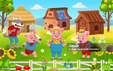Ilustración de las tres casas: paja, madera y ladrillo