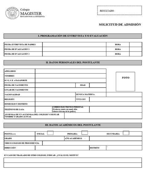 Formato de formulario de admisión del Colegio San Mateo Apóstol