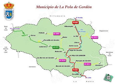 Mapa de Los Barrios de Gordón y la ruta desde La Pola
