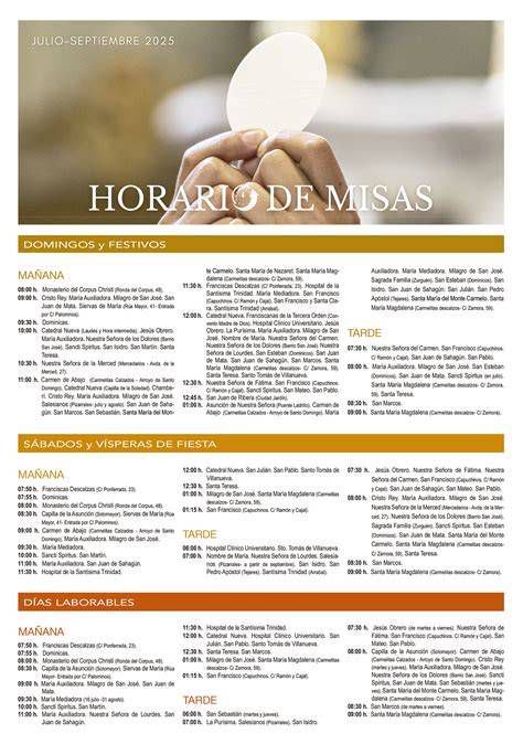 Infografía con franjas horarias de misas (laborables, sábados, domingos) y notas de verano/invierno