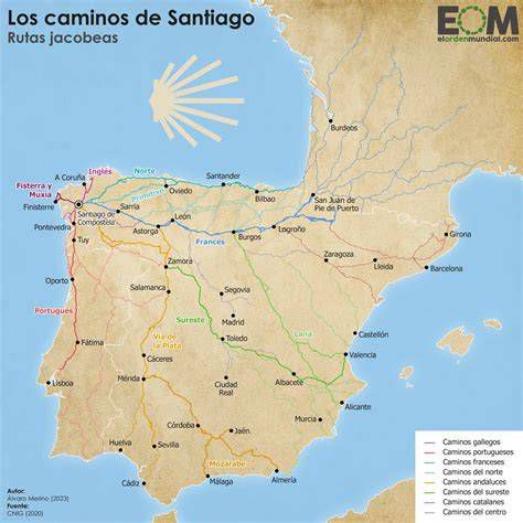 Mapa de la ruta de peregrinación a Santiago de Compostela pasando por Santillana del Mar