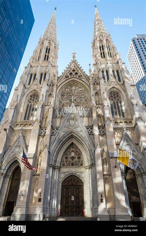 St. Patrick's Cathedral facade and Fifth Avenue view