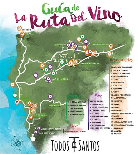 Mapa de rutas de bodegas y restaurantes en Valle de Guadalupe