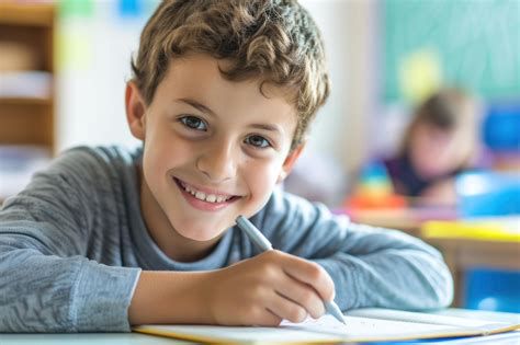 Niño motivado estudiando con sonrisa