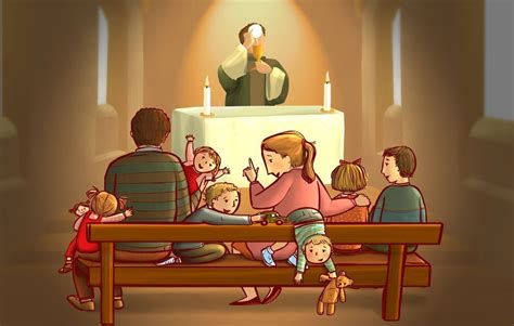 Familia asistiendo a misa en un templo