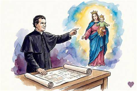 Ilustración de Don Bosco y María Auxiliadora en la Basílica