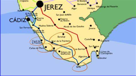 Mapa esquemático de Cádiz con ubicación aproximada de las Cuevas de María Moco y Puertas de Tierra