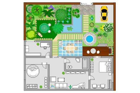 Plano y elementos de un chalet típico con jardín y piscina