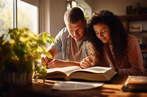 Pareja orando y estudiando la Biblia juntos