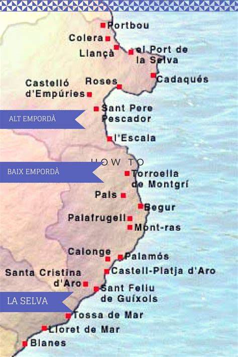 Mapa de la Costa Brava con ubicación de Sant Feliu de Guíxols y sitios de buceo