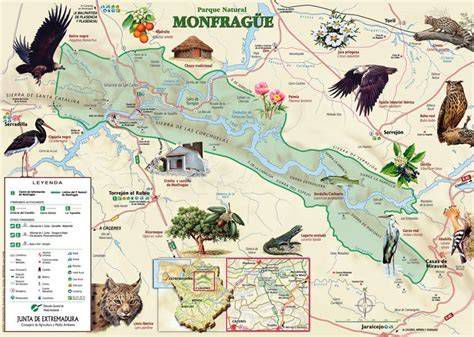 Mapa general del Parque Nacional de Monfragüe y ruta hacia Guadalupe