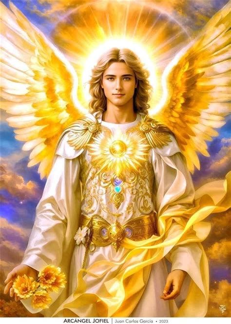 Representación artística del Arcángel Jofiel con luz dorada y antorcha