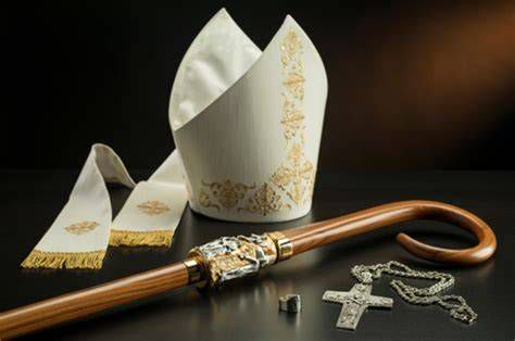 Insignias episcopales: anillo, cruz pectoral, báculo y mitra