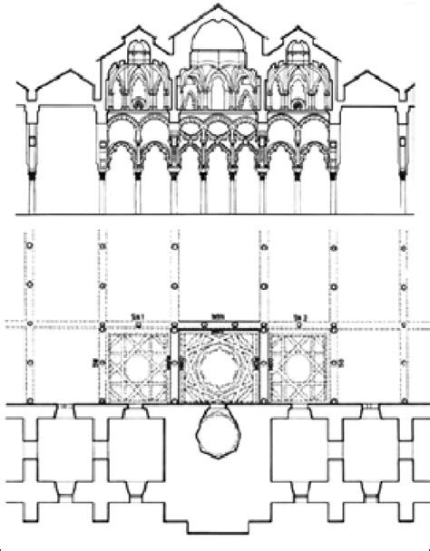 Alzado y planta imaginada de la antigua Mezquita Real de la Alhambra